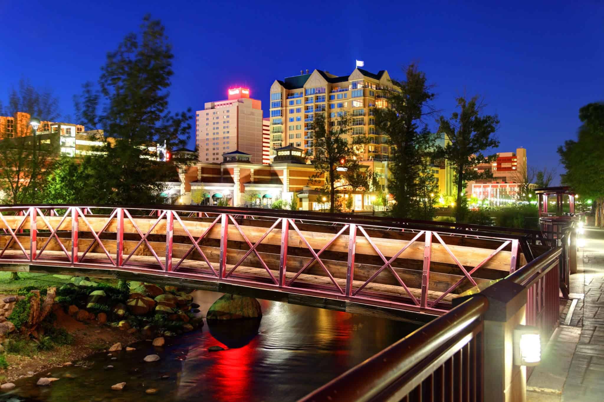 Reno Nevada skyline on the Truckee River at night.