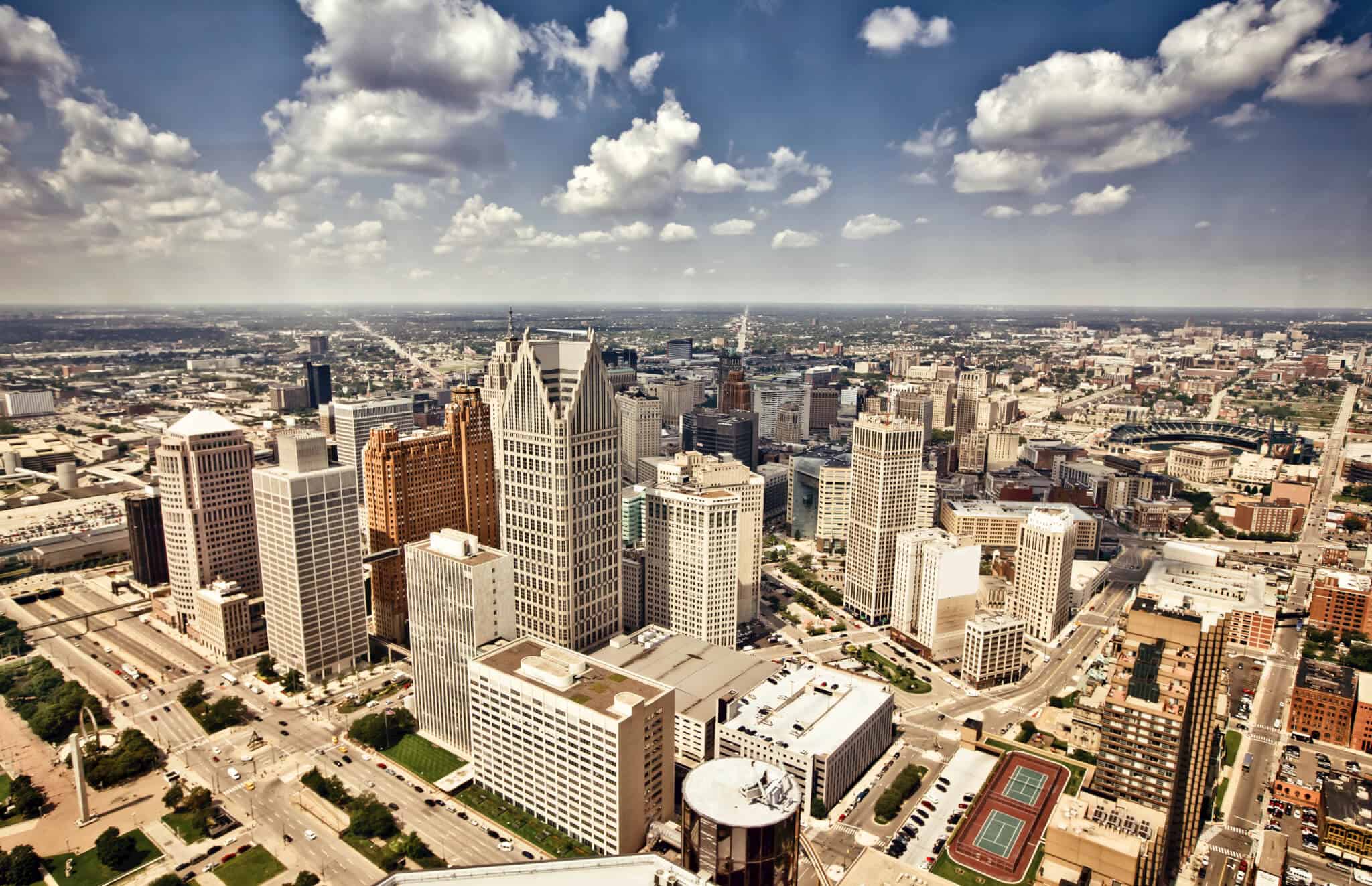 Aerial view of abandoned downtown of Detroit, Michigan